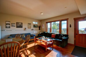 Smart TV, fireplace, DVD player, books