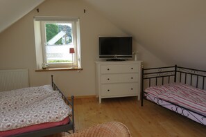 Un dormitorio con cama, televisor en una cómoda, ventana con vistas y radiador.