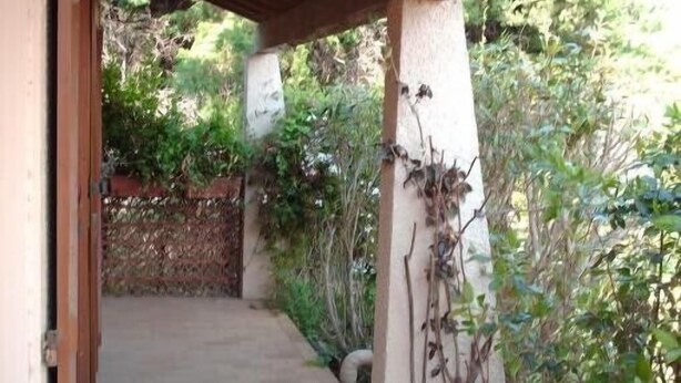 Un espace extérieur abrité, avec un chemin en béton menant à une porte en bois.