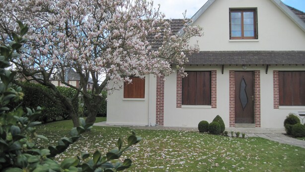 A house with a sloped roof, a front door with a decorative glass panel, and a small front yard with grass and a flowering tree.