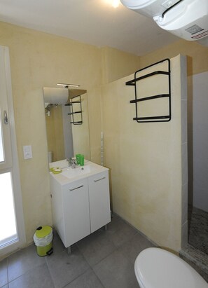 Hair dryer, towels, soap, toilet paper