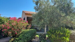 A house with a tiled roof, surrounded by well-maintained gardens and a gravel path leading to the entrance.