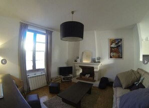 Télévision, cheminée, lecteur de DVD, livres
