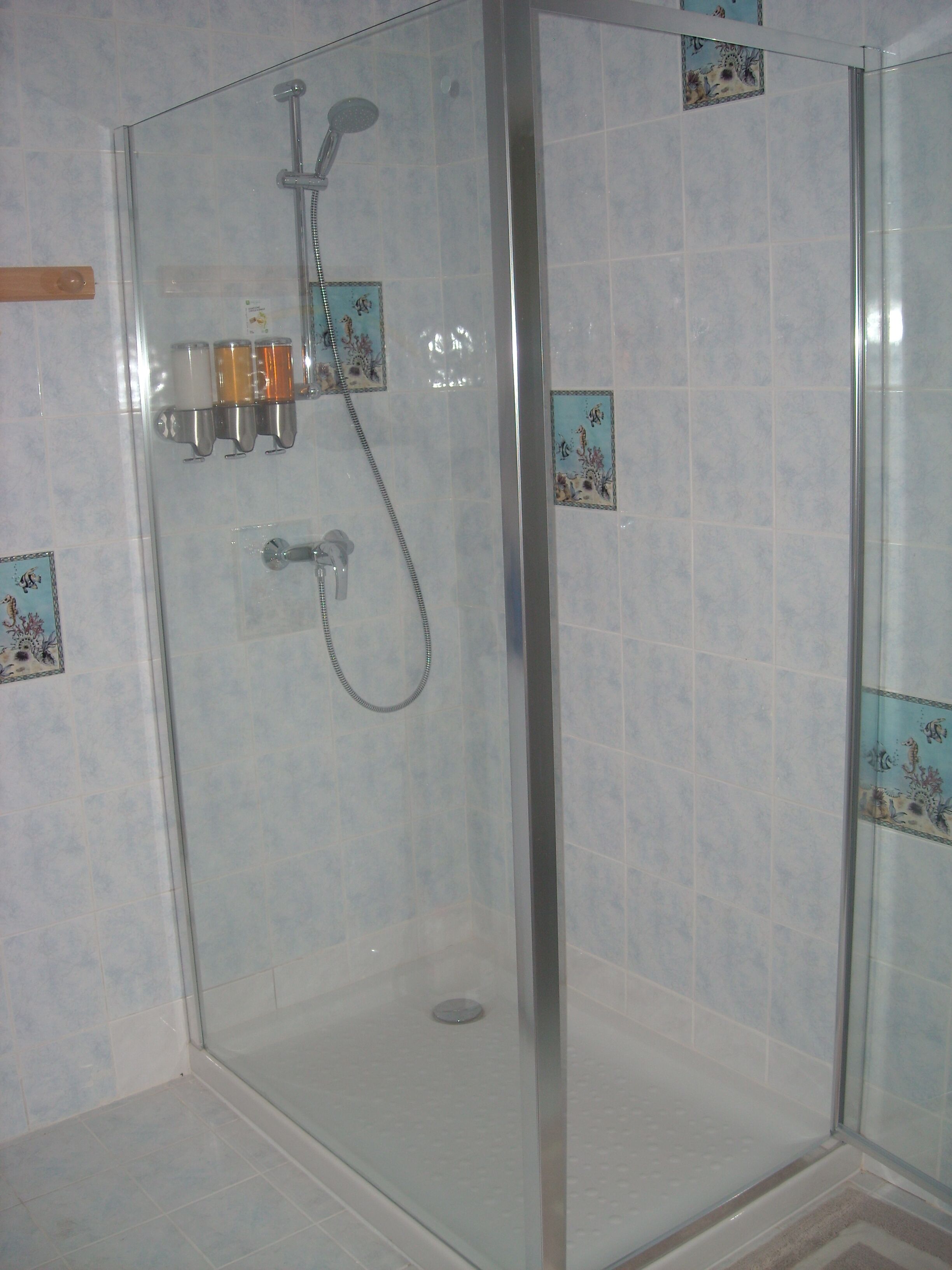 Een douche, een haardroger, handdoeken, shampoo