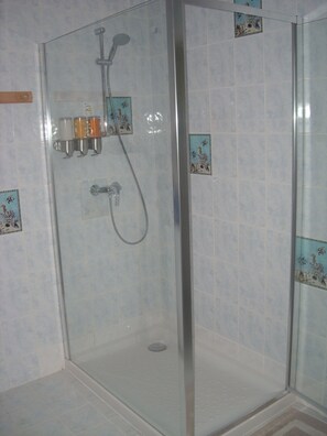 Shower, hair dryer, towels, shampoo