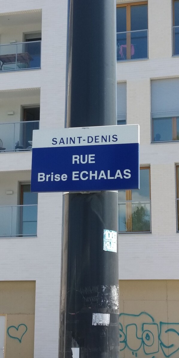 En gatukylt med texten ”SAINT-DENIS” och ”RUE Brise ECHALAS”.