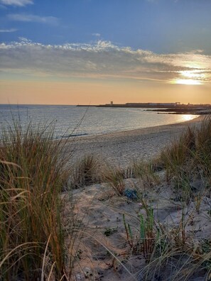 A beach with sand and grass in the foreground, a body of water, and a distant shoreline with buildings. - Detached house 6 ( to 8 pers with sup over 6). ..100m from the beach ) (Saint-Pierre-D'oléron)