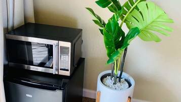 A compact kitchenette with a microwave and a small refrigerator, a potted plant with broad leaves, and a patterned rug on the floor.