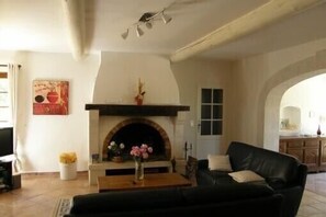 Télévision, cheminée, lecteur de DVD, livres