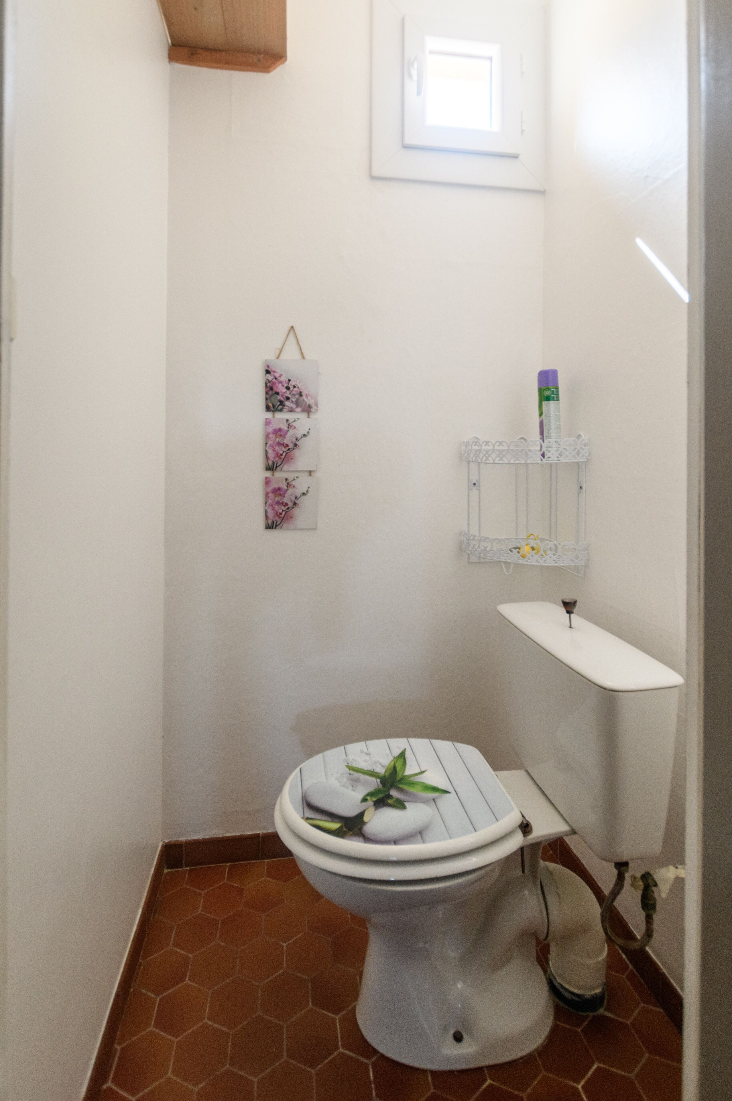Une petite salle de bain comprenant des toilettes, une étagère avec des articles de toilette et un tableau accroché au mur.