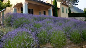 A house with a covered patio and a lavender field in front. - Domaine les Flachères (14pers) (Dieulefit)