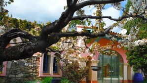 A building with a stone wall, a tiled courtyard, and a large tree with blossoms. - Domaine les Flachères (14pers) (Dieulefit)