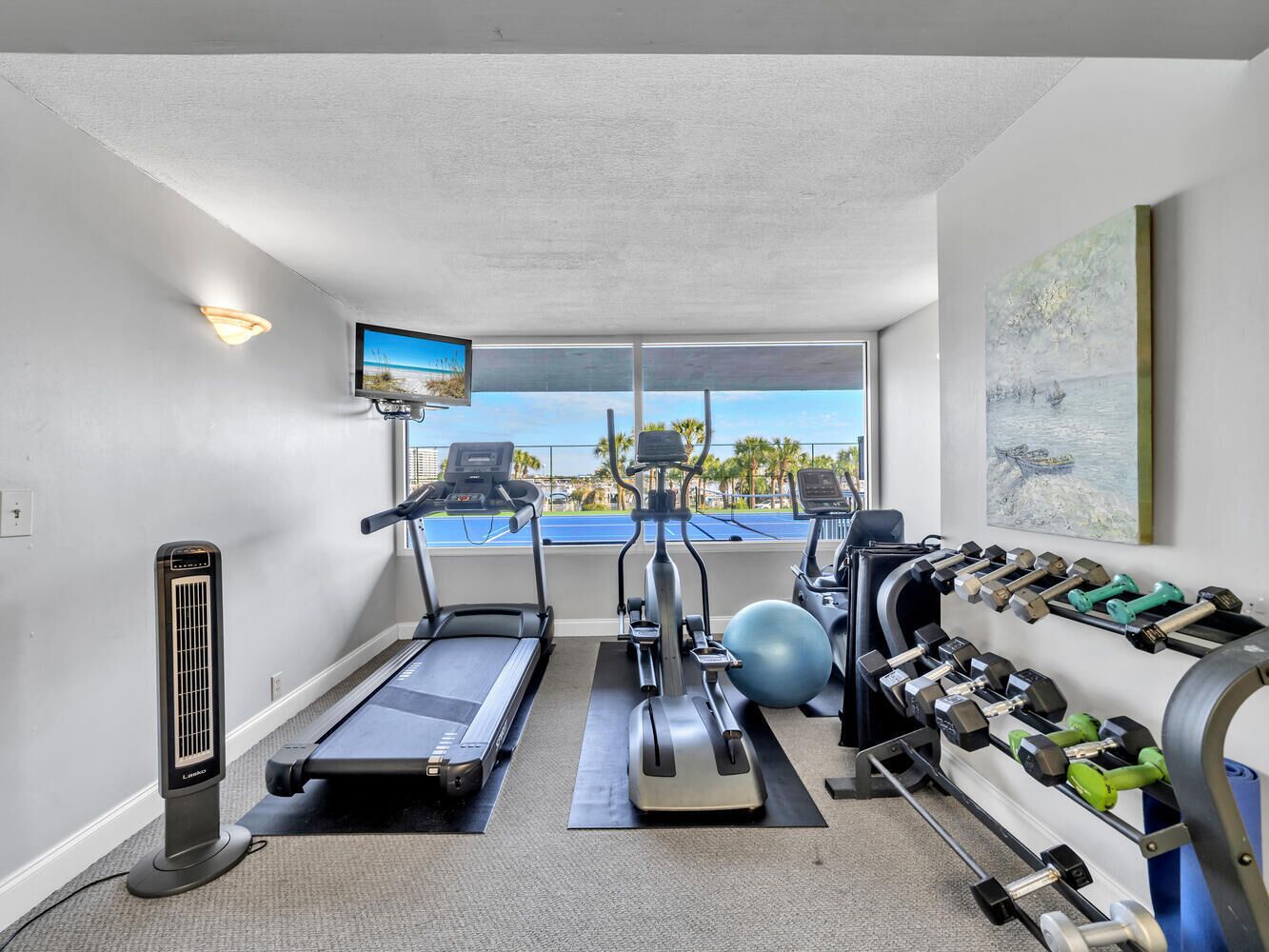 A gym with treadmills, elliptical machines, a stationary bike, and a rack of dumbbells.