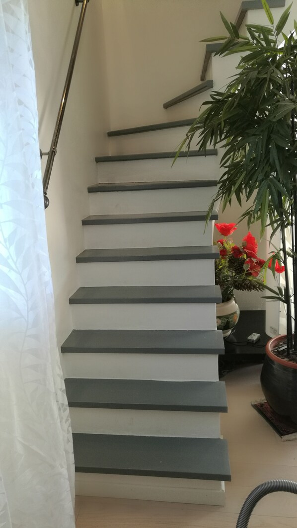 A staircase with white steps and dark handrails, leading to a landing area with a potted plant and a small table.