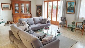 Télévision, cheminée, lecteur de DVD, table de tennis de table