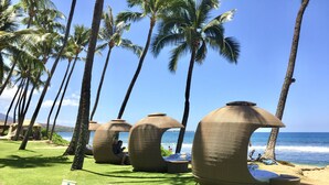 A beach area with palm trees, beach chairs, and a sign indicating 'Spa Monroe Beach Activities Lane'. - Ocean Front Sunset & Whale-Watching Views at Hyatt Vacation Club (Lahaina)