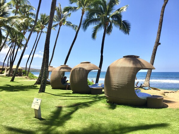 On the beach, sun loungers, beach towels