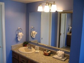Bañera con ducha, secador de pelo, toallas, papel higiénico