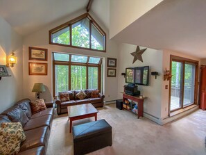 Smart TV, fireplace, books, stereo