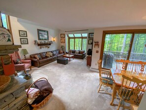 Smart TV, fireplace, books, stereo