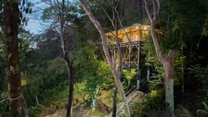 Ein Baumhaus mit einer Holztreppe, umgeben von dichtem Wald.