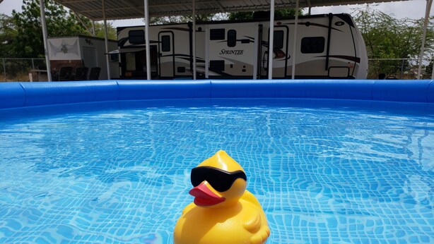 Un patito de goma amarillo en una piscina azul, con una caravana de recreo al fondo.