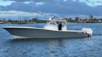 A boat on calm water with a person standing at the helm.