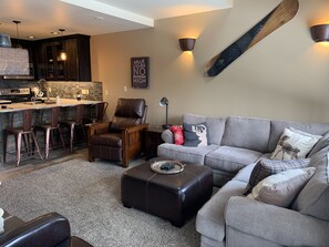 Smart TV, fireplace, video games, DVD player
