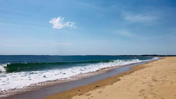 A beach with clear skies and waves.