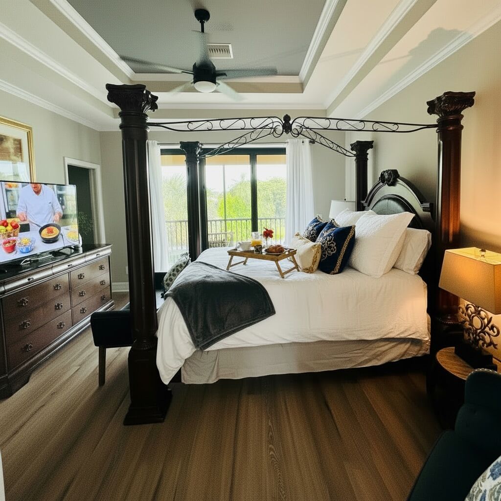 A four-poster bed with a tray of breakfast, a television, and a balcony view.