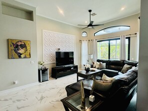 Smart TV, fireplace, DVD player, books