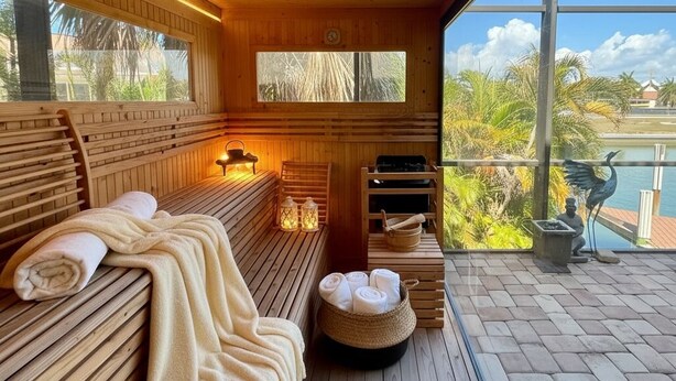 Una sauna de madera con bancos, un banco con una toalla, una mesita con un cubo y vistas a un cuerpo de agua.