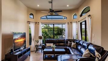 Smart TV, fireplace, DVD player, books