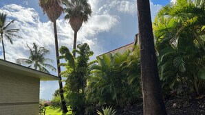 A patio with a table and chairs, surrounded by lush greenery and palm trees. - SEPTEMBER VALUE Last minute cancelation! A/C, Ocean Views Near Keawakapu Beach! (Kihei)