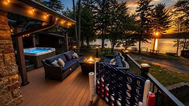 A deck with a hot tub, outdoor seating, and a view of a lake at sunset.