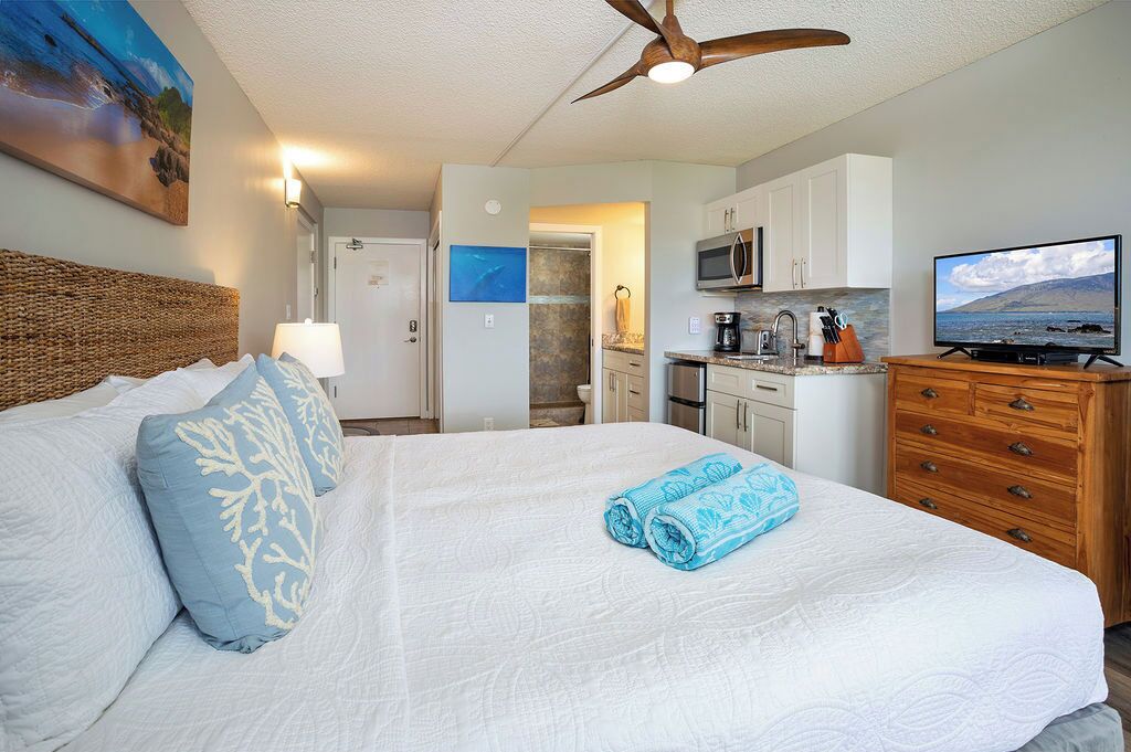 A bedroom with a large bed, a ceiling fan, a TV, and a kitchenette.