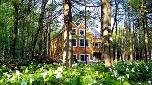 A house surrounded by a dense forest with white flowers in the foreground. - Lake Michigan Home on Tunnel of Trees with Game Room and Views (Harbor Springs)