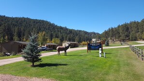 A lodge with a sign reading "American Pines" and a deer in the foreground.
