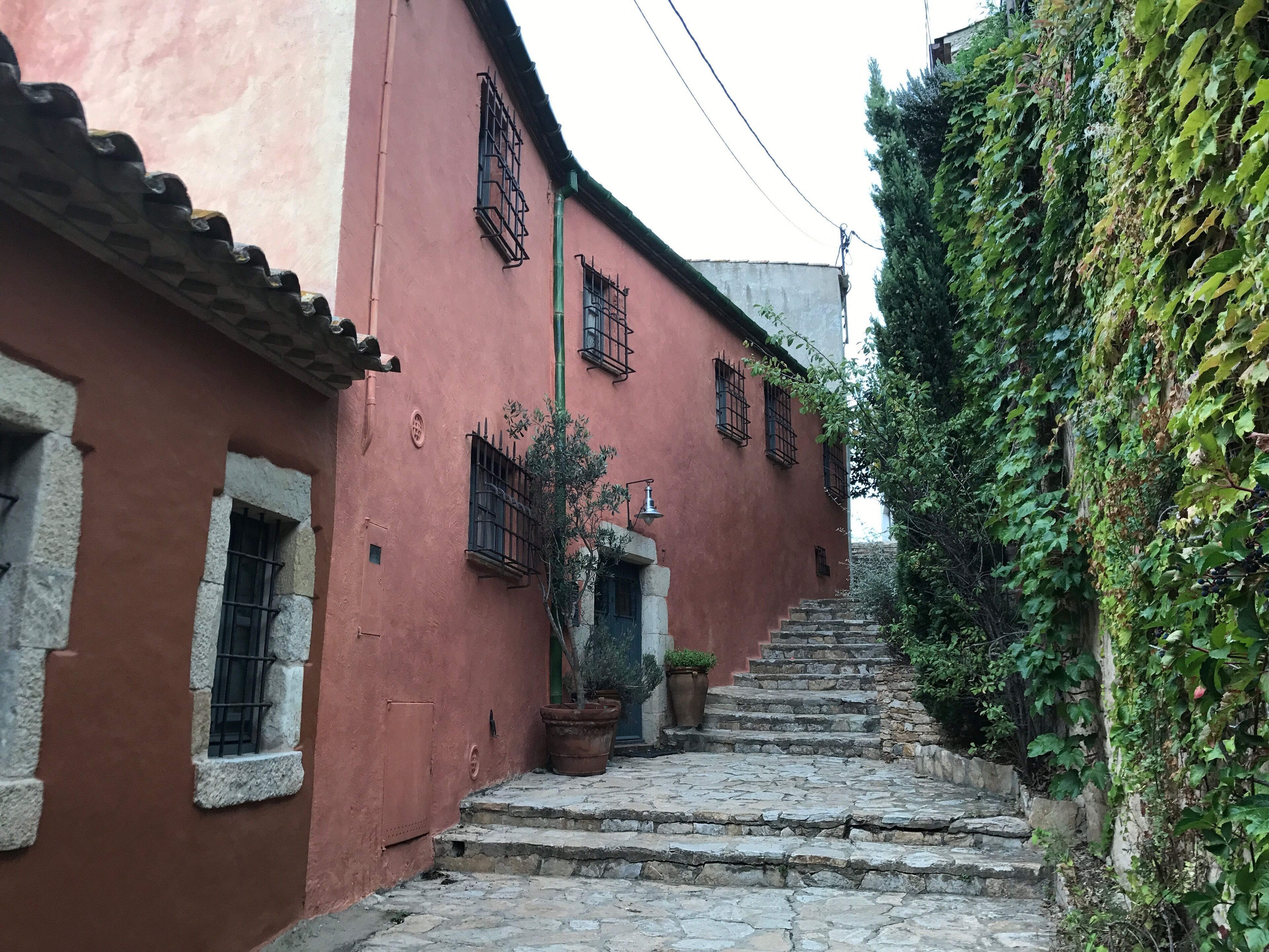 A narrow stone staircase leading up to a building with barred windows and a door.