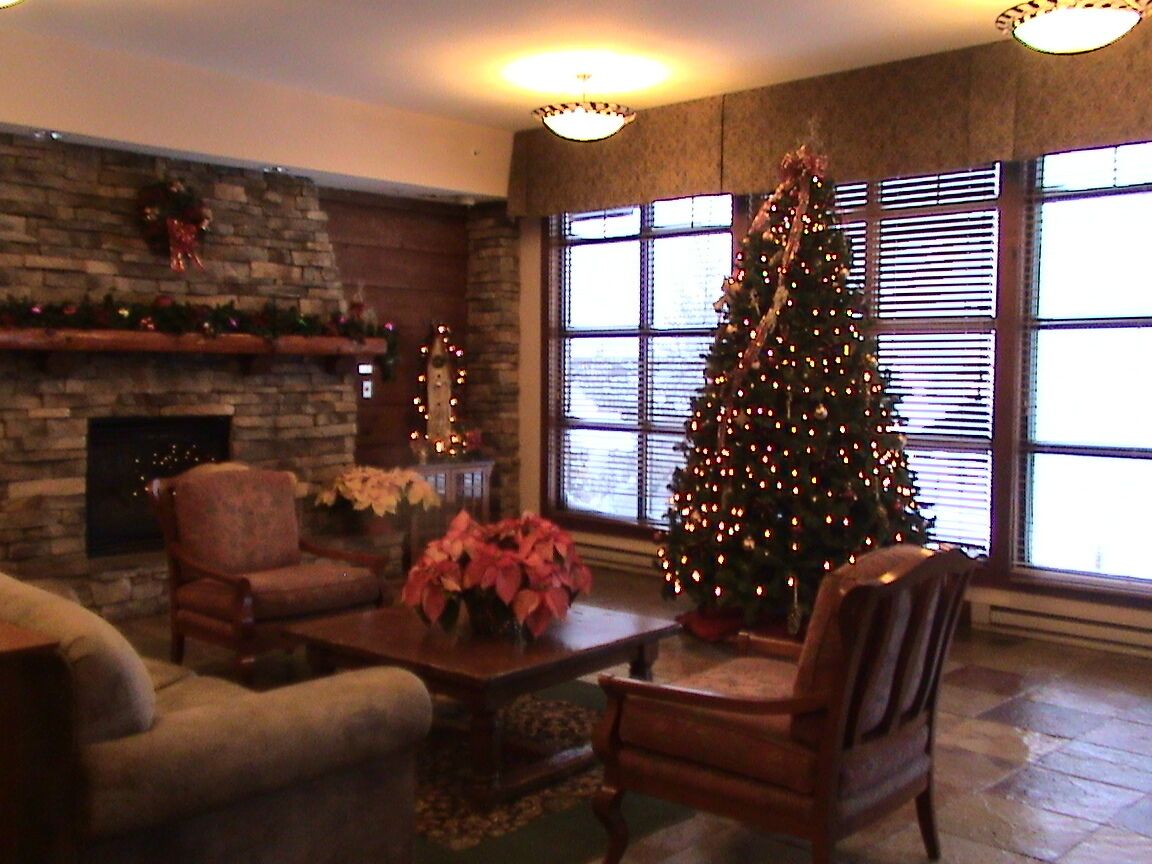 Una sala de estar acogedora con chimenea, un gran árbol de Navidad y asientos cómodos.