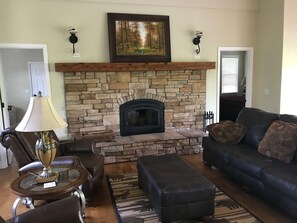 テレビ、暖炉、DVD プレーヤー、書庫