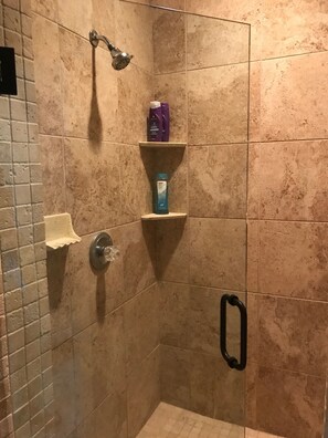 Combined shower/tub, hair dryer, towels, soap