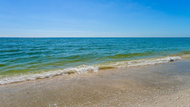 A beach with clear blue water and a sandy shore.