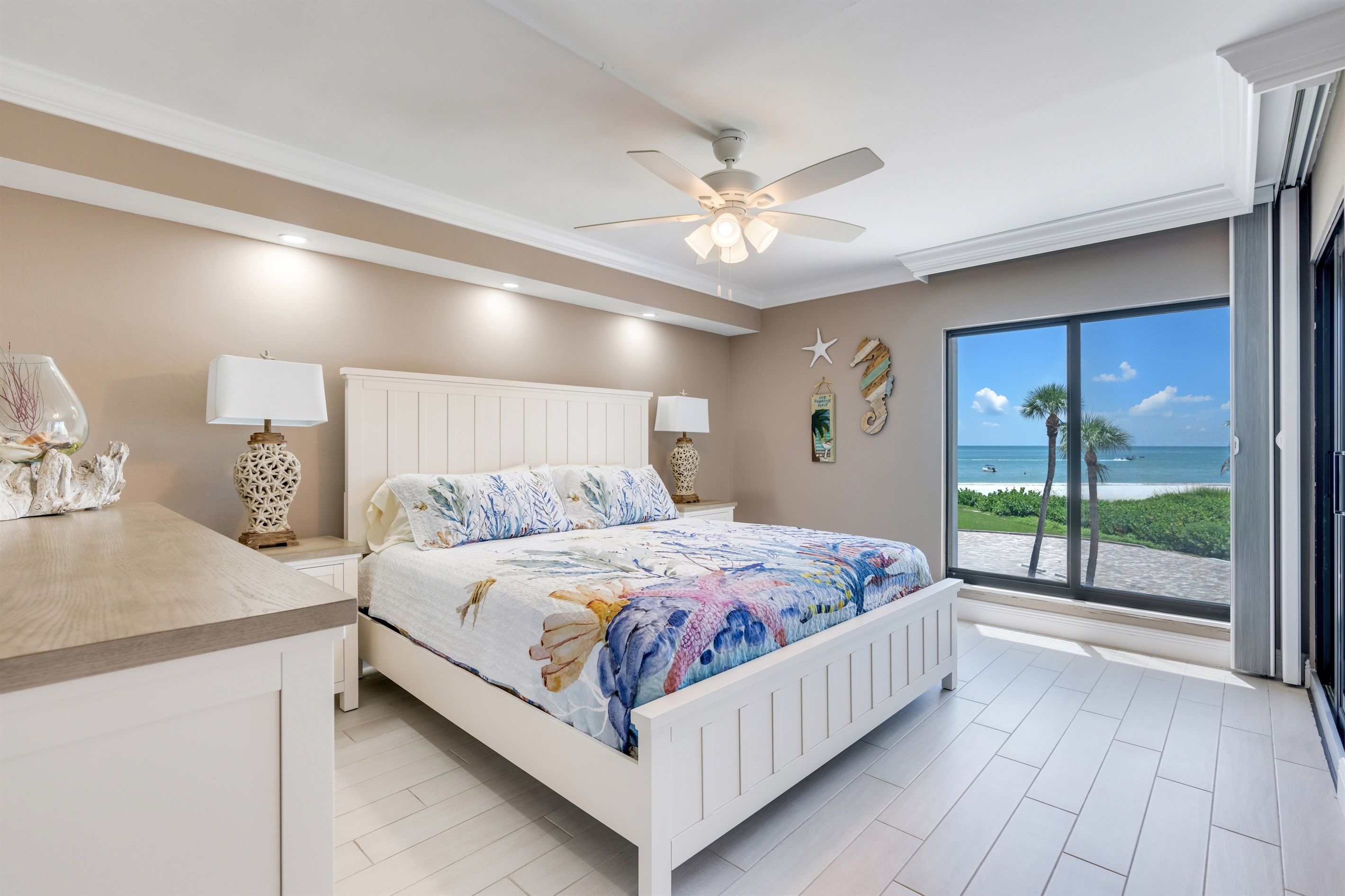 Primary bedroom with view, smart TV, double closet.  