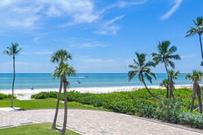 A paved pathway leading to a beach with palm trees and a clear blue sky. - Sundial B306--Direct Beachview, Newly Renovated, Steps to Beach (Sanibel Island)