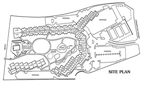 Plano del terreno mostrando varias áreas de estacionamiento, piscina, restaurante en el club de playa, spa y canchas de tenis.