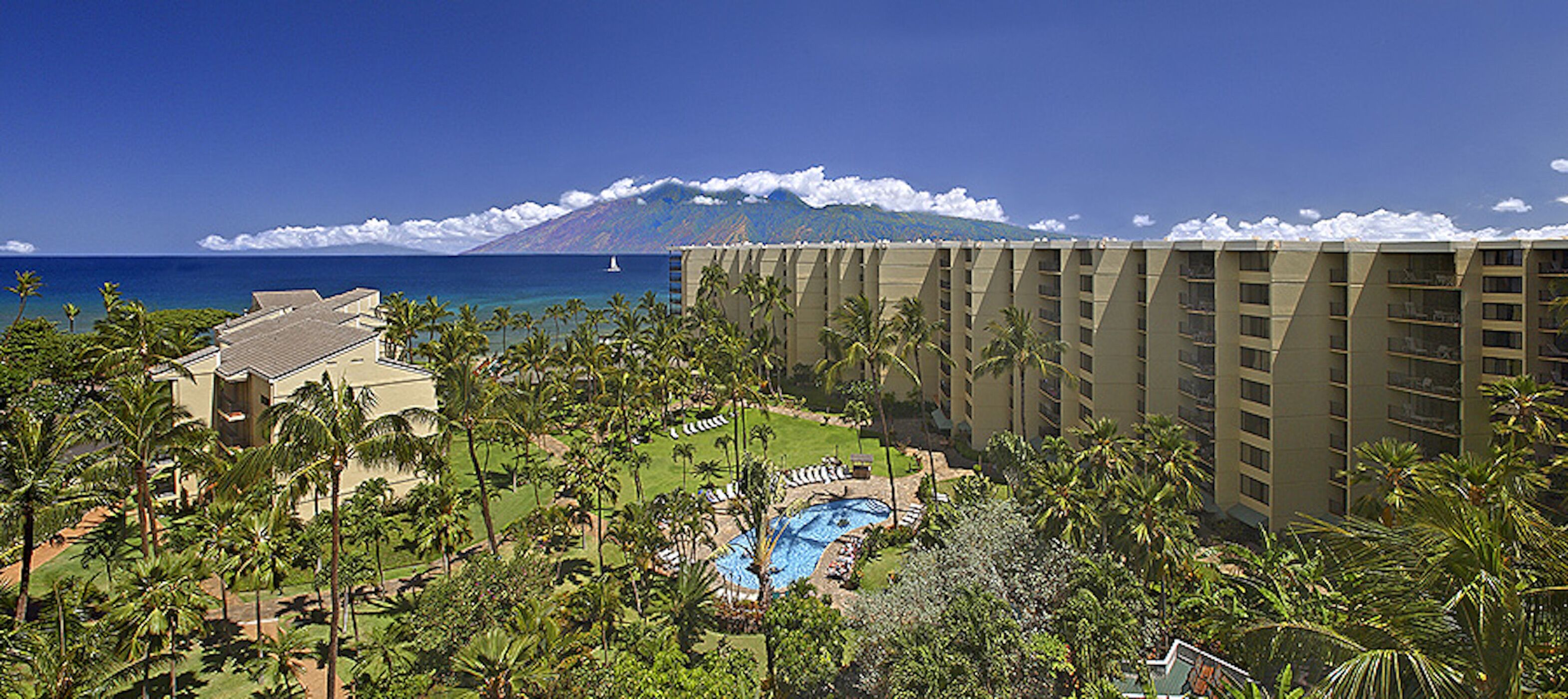 Een resort met een zwembad, palmbomen en uitzicht op de oceaan en een berg.