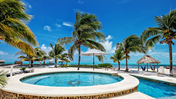 A pool with a stone border, surrounded by palm trees and a thatched-roof structure. - Casual & Comfortable Belize Beach House: Private Pool, Dock, & Secluded Privacy
 (San Pedro)