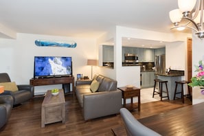 Smart-TV, Kamin, DVD-Player, Bücher