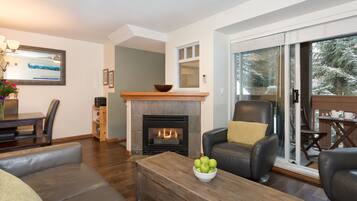 Smart-tv, een open haard, een dvd-speler en boeken